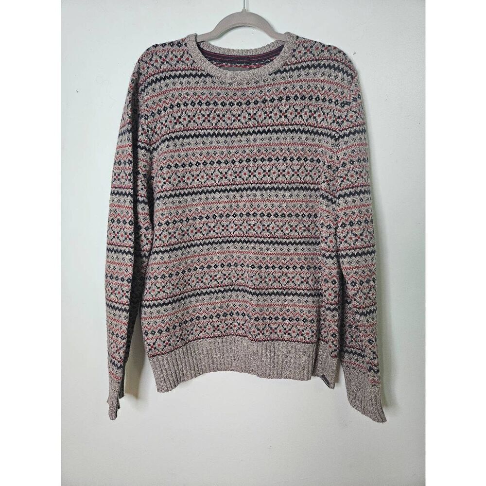 Eddie Bauer mens crew neck gray/ navy/red wool blend sweater. Size L.